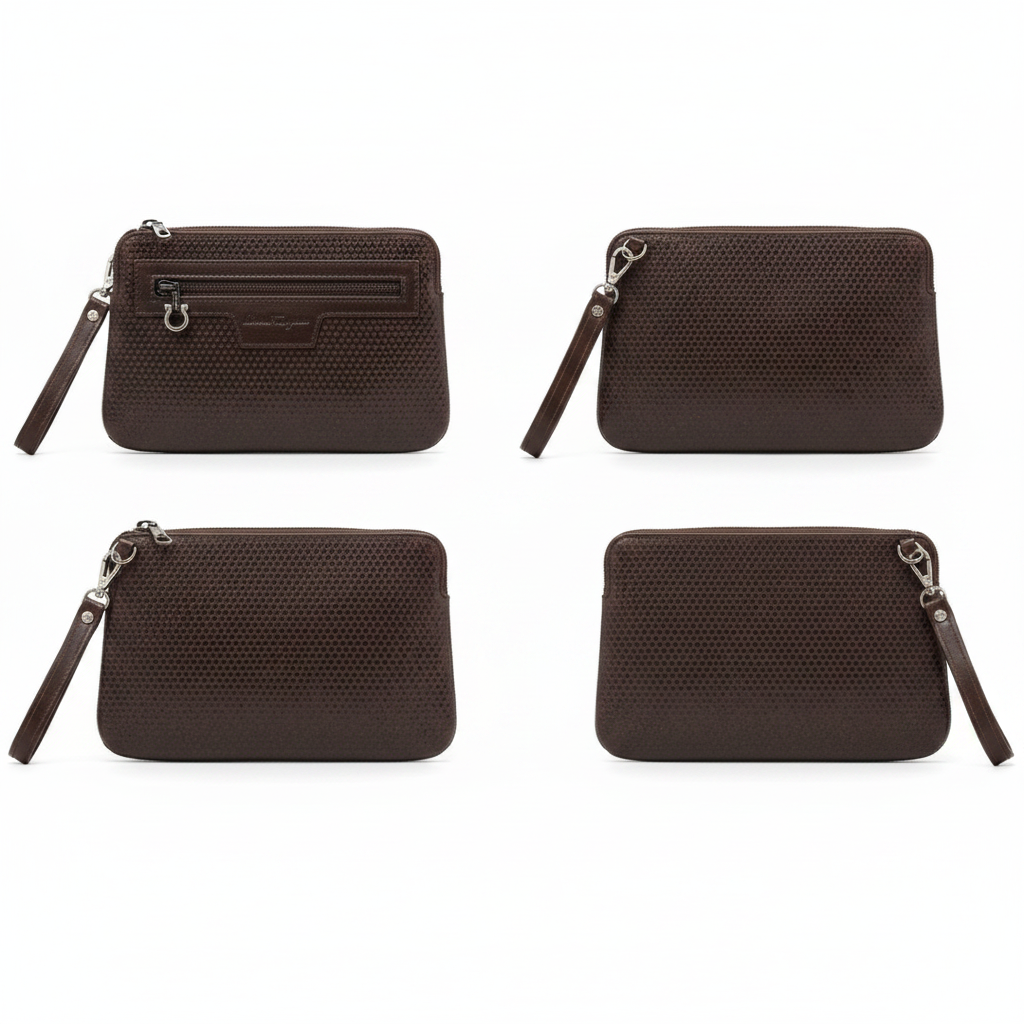 Ferragamo brown embossed leather men's clutch ghost mannequin front and back view