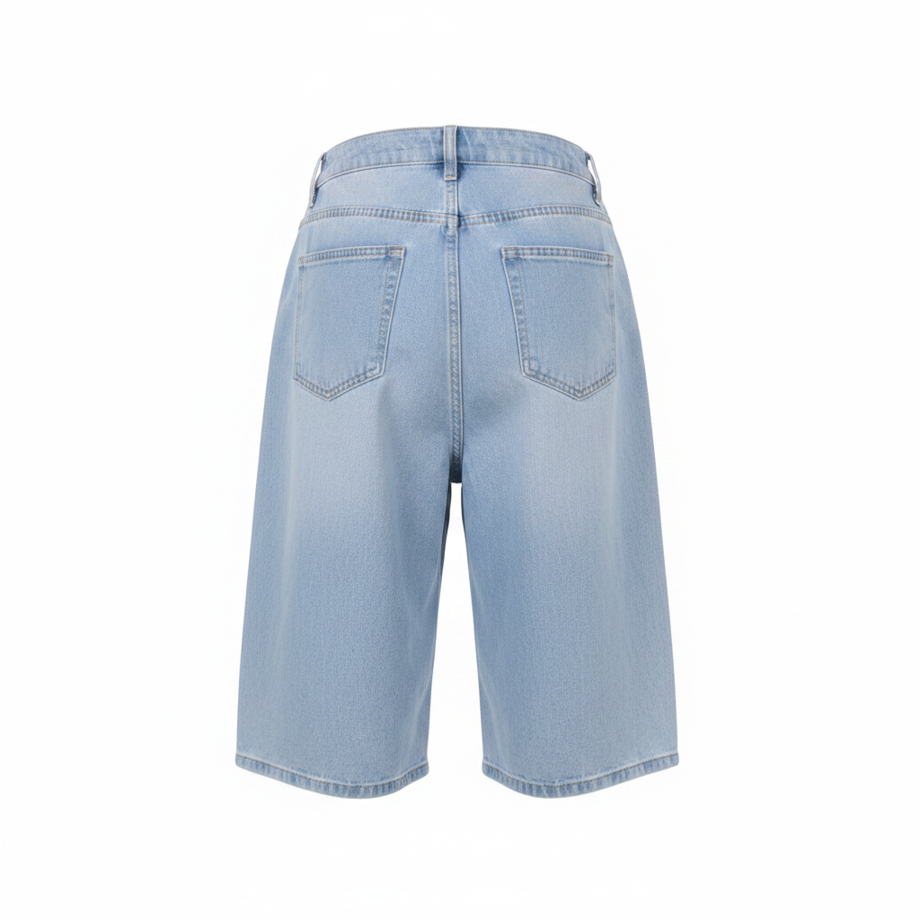 Light Blue Rhinestone Denim Shorts - Ghost Mannequin Back