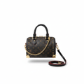 Dark monogram mini speedy bag with gold studs and burgundy trim on white background