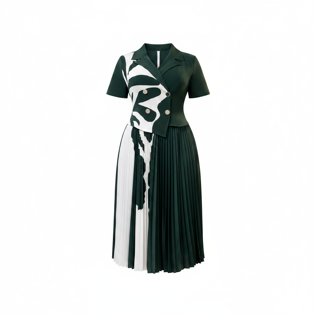 Dark green and white abstract print pleated midi gown with colour-block skirt, ghost mannequin view