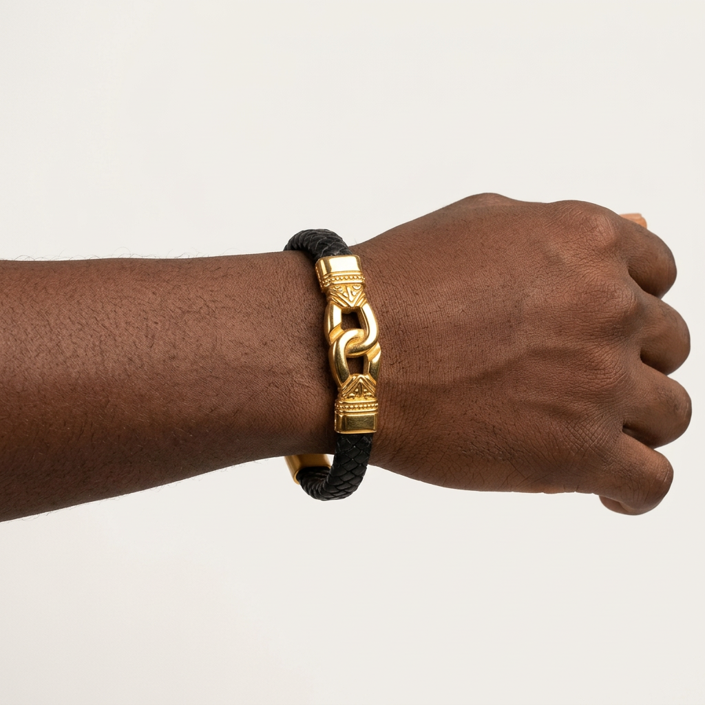 Black braided gold-tone link bracelet worn on a male model's wrist