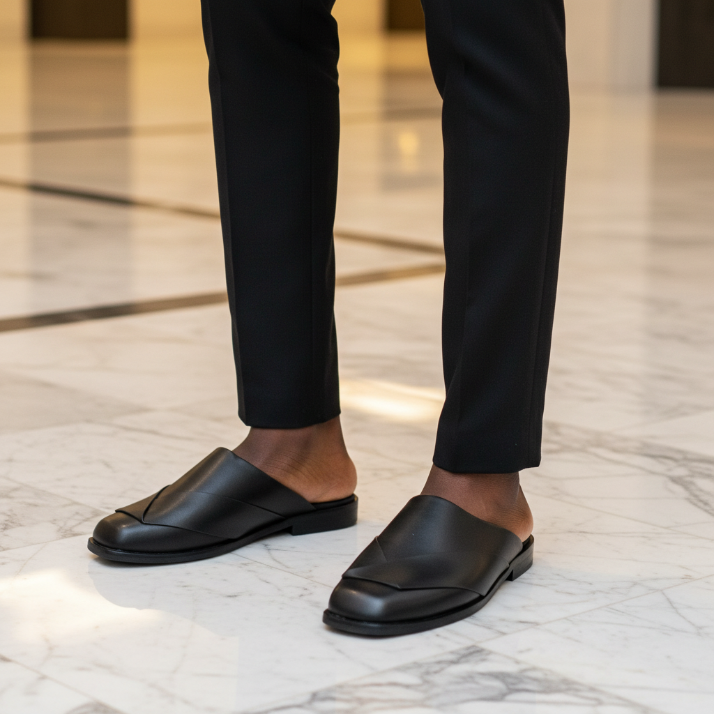 Nigerian male model wearing black leather cross-strap mule slippers, tight zoomed-in luxury leg focus lifestyle shot