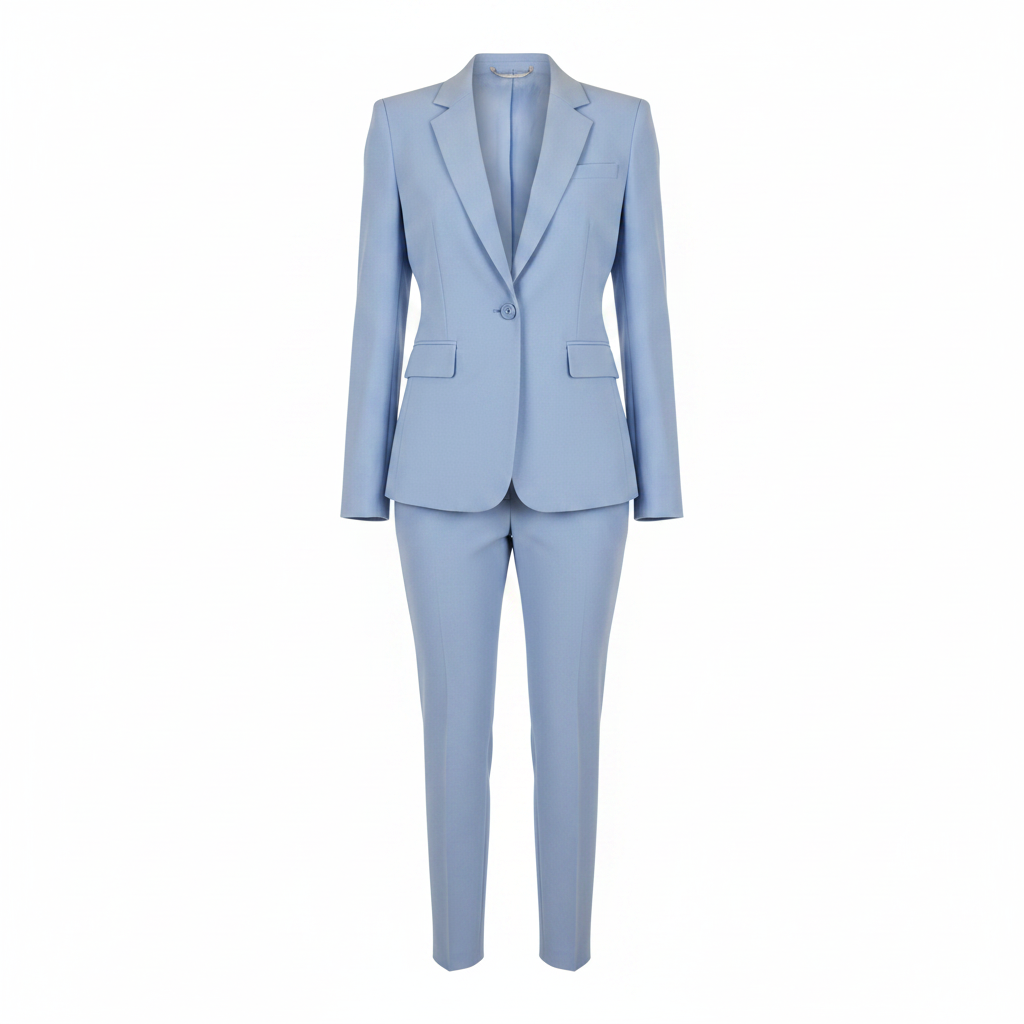 Women's powder blue two-piece blazer suit set – ghost mannequin front view
