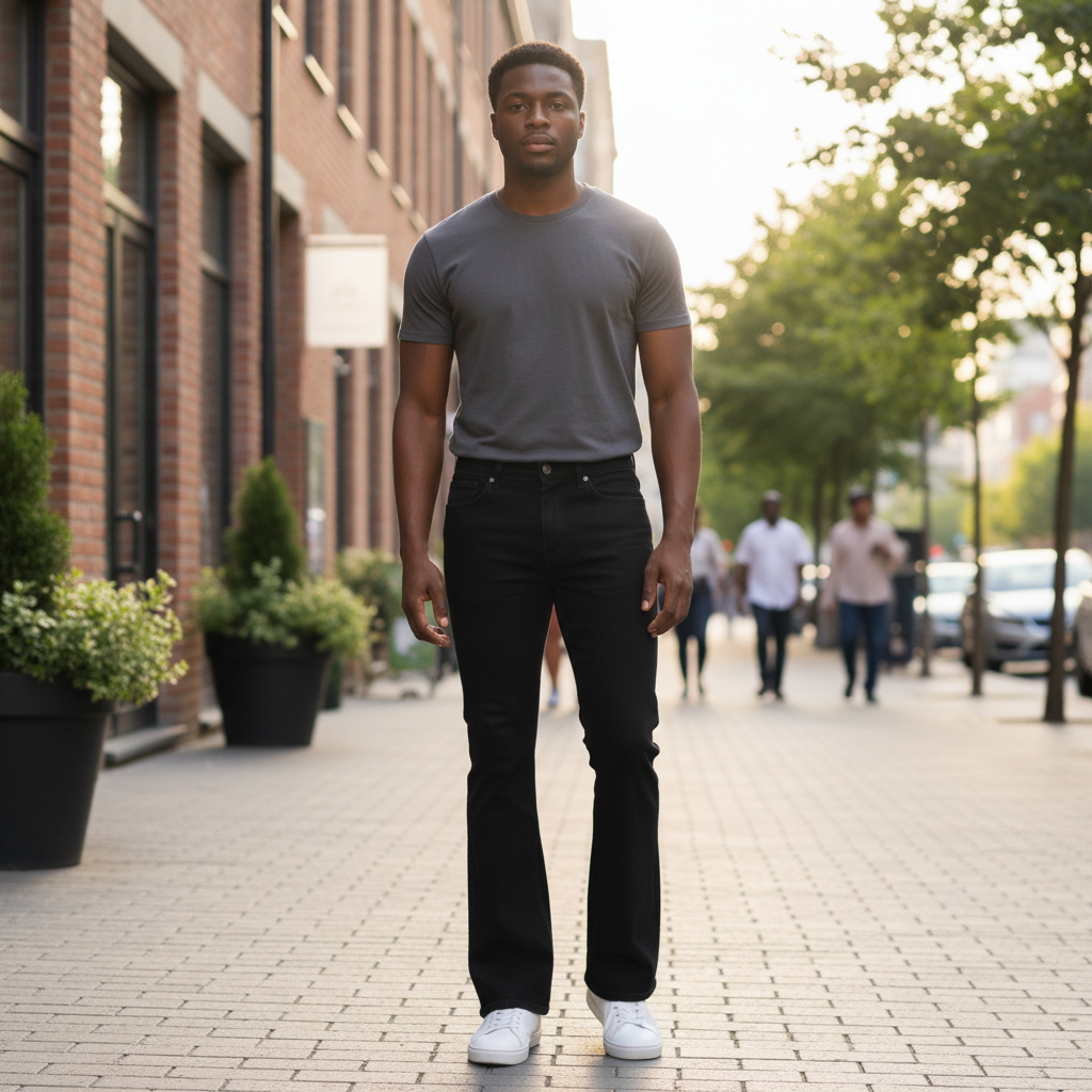 Nigerian model wearing Jet Black Clean Minimal Bootcut Flare Full-Length Jeans