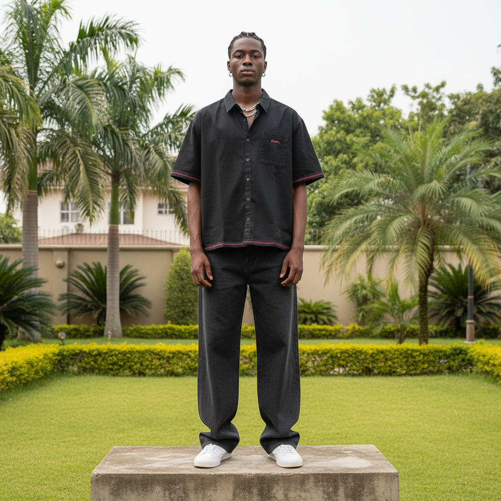 Nigerian male model full body wearing men's black red trim boxy short-sleeve shirt