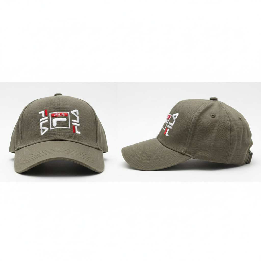 Olive green Fila embroidered baseball cap – ghost mannequin front and side view