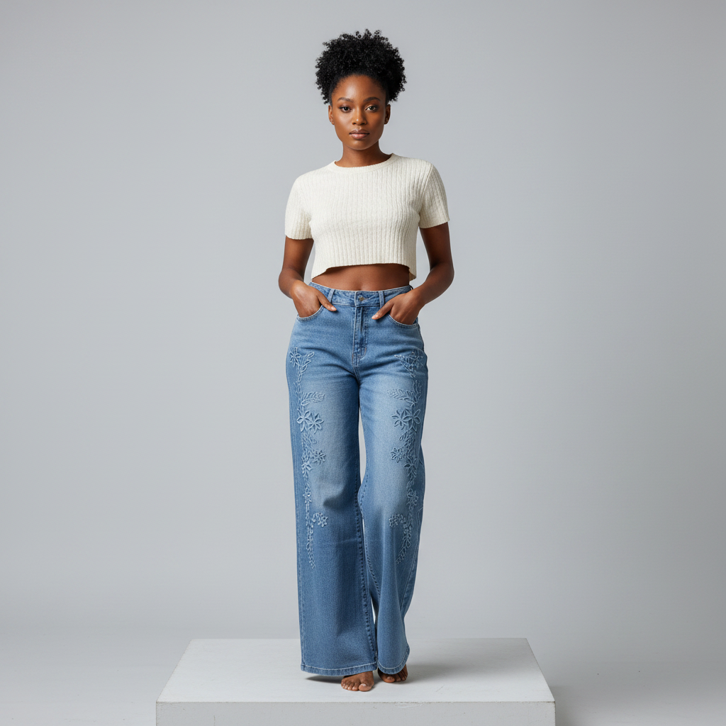 Light Blue Floral Embroidered Wide-Leg Denim Jeans - Model Front