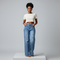 Light Blue Floral Embroidered Wide-Leg Denim Jeans - Model Front