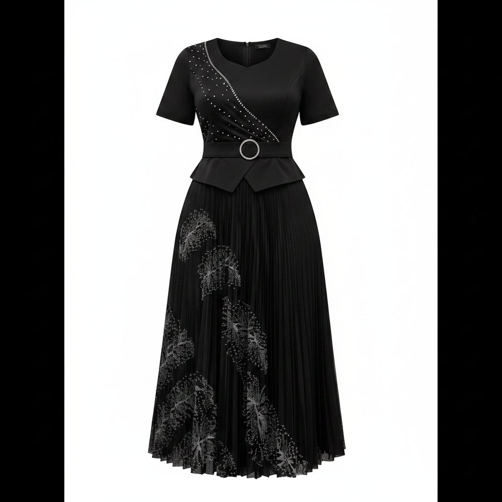 Ghost mannequin front view – Women's Black Rhinestone Peplum Top & Printed Pleated Midi Skirt Set