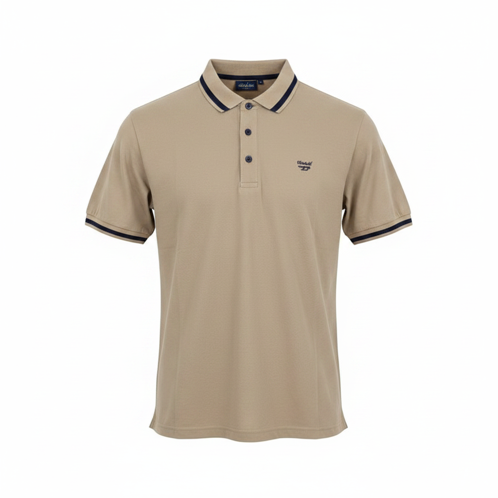 Men's khaki polo shirt with navy tipped collar and cuffs, ghost mannequin front view