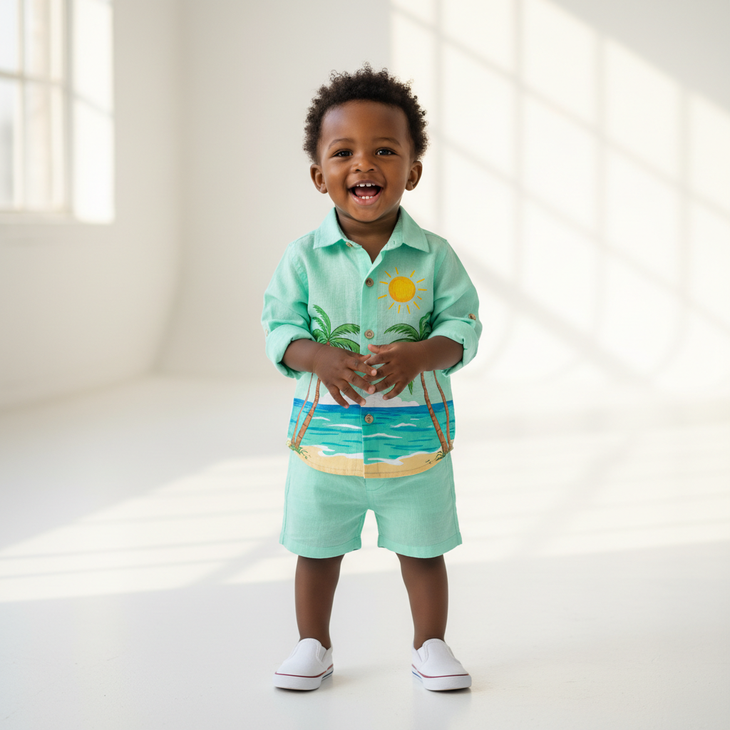 Nigerian toddler boy wearing mint green tropical print shirt - front view