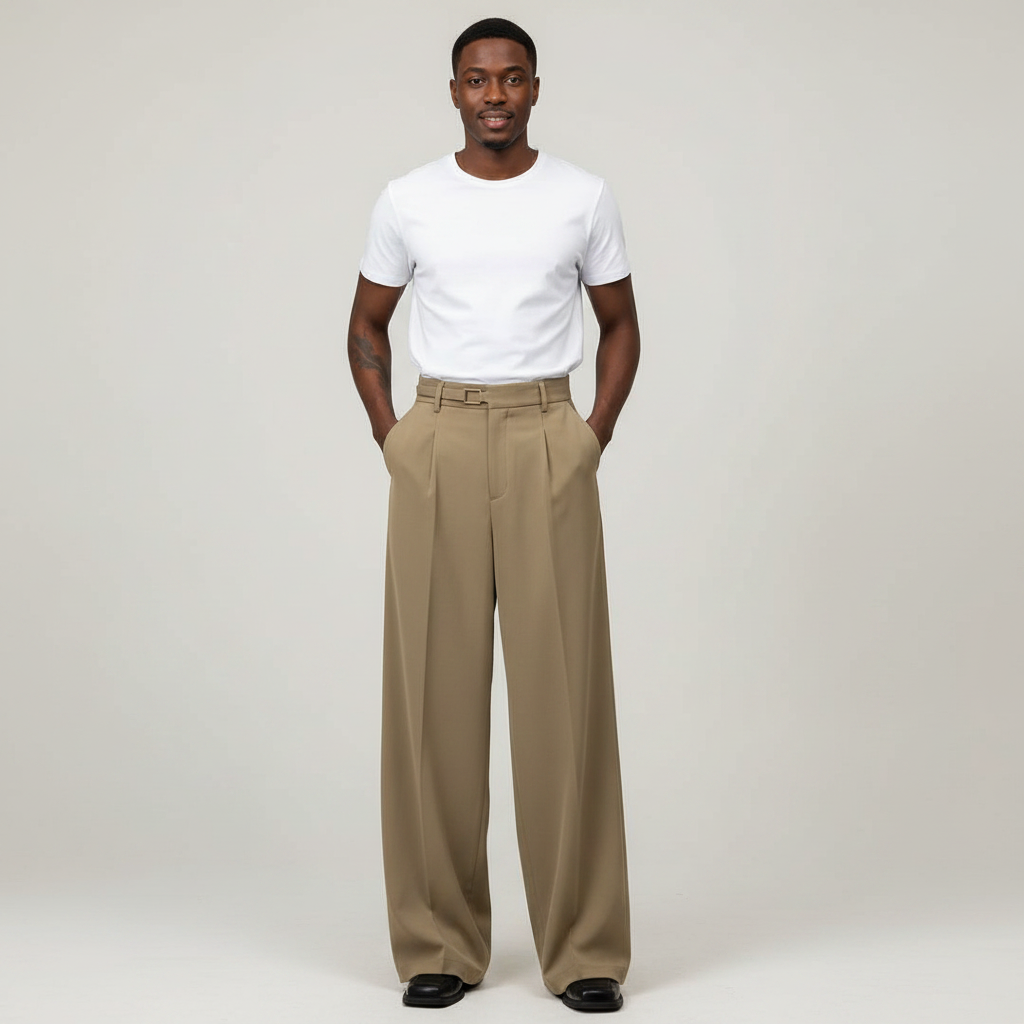 Model wearing khaki wide-leg palazzo trousers with a white t-shirt