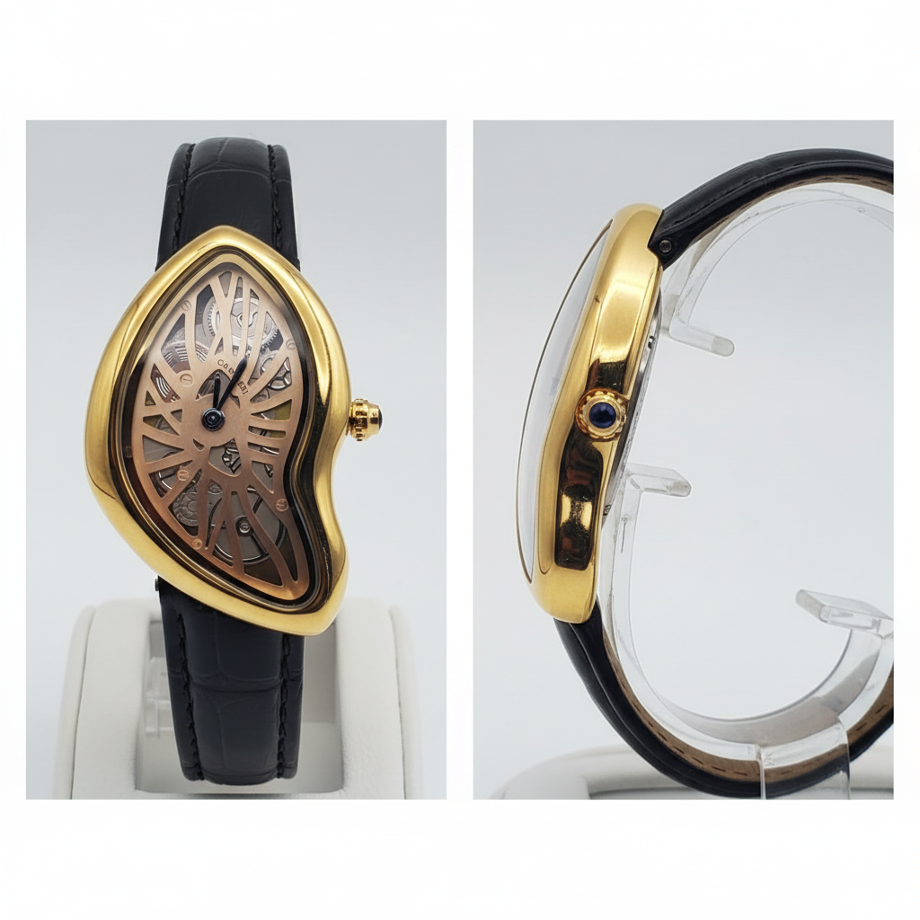 Asymmetric yellow gold skeleton dial watch with black strap front and side view