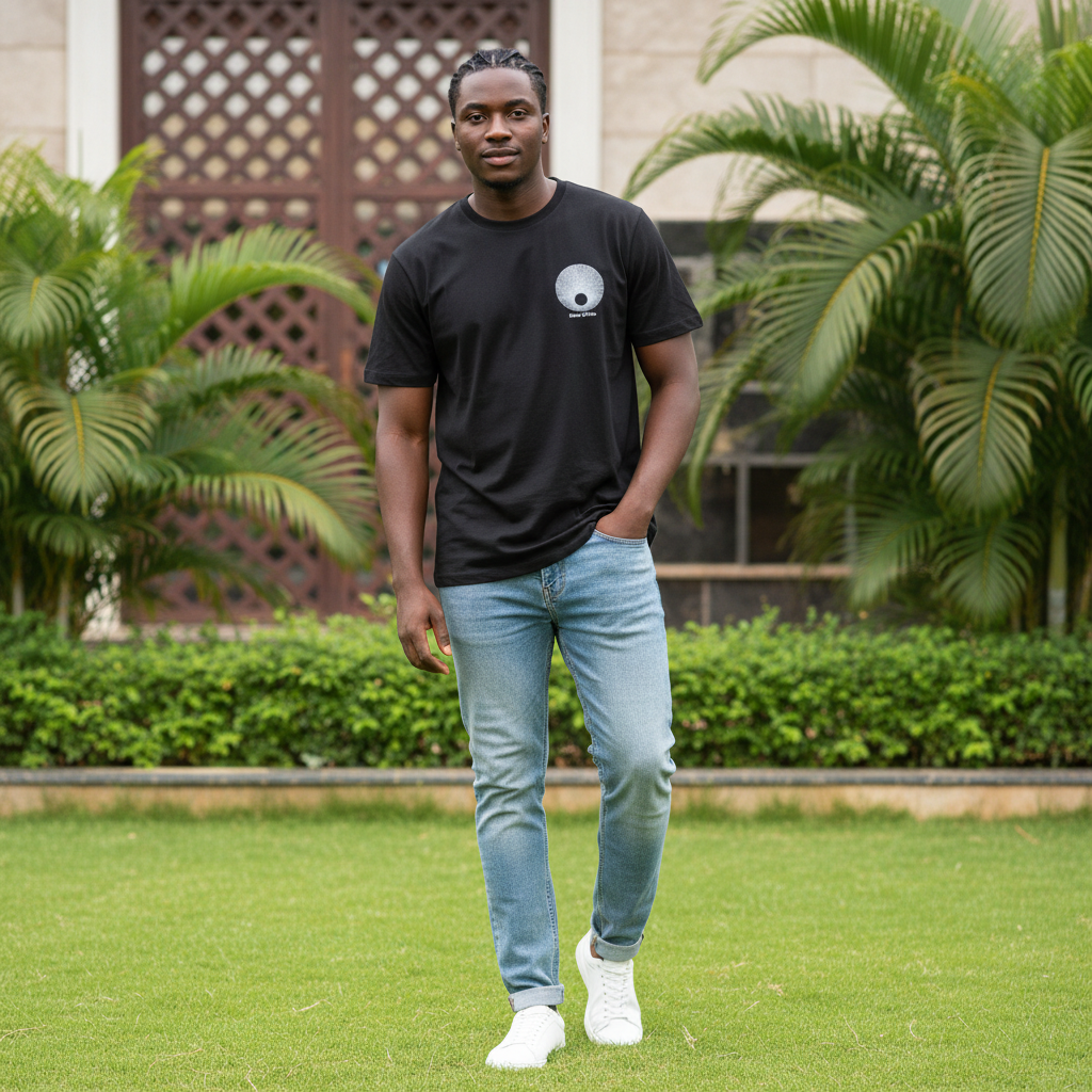 Nigerian male model wearing black minimal graphic crew-neck tee in casual streetwear style