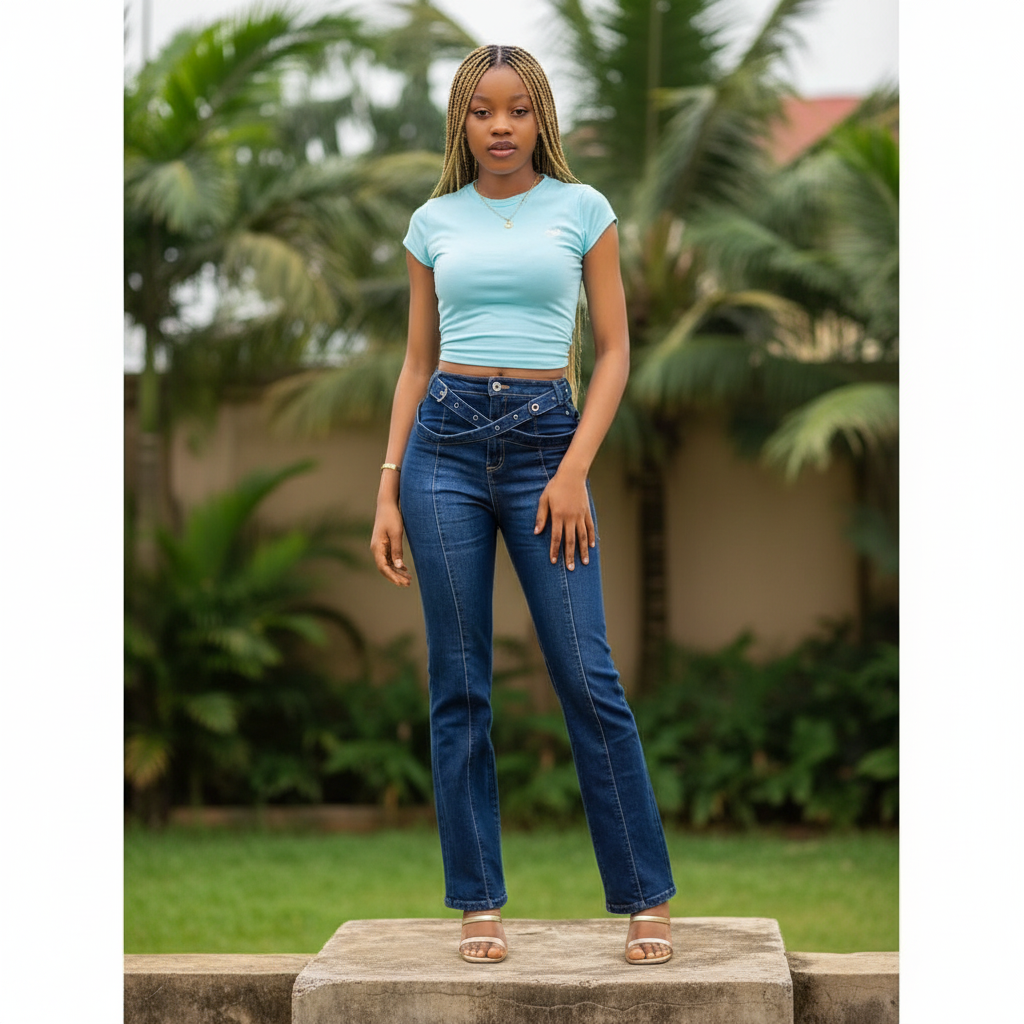 Nigerian female model wearing women's navy blue crossover waistband straight-leg denim jeans, garden setting