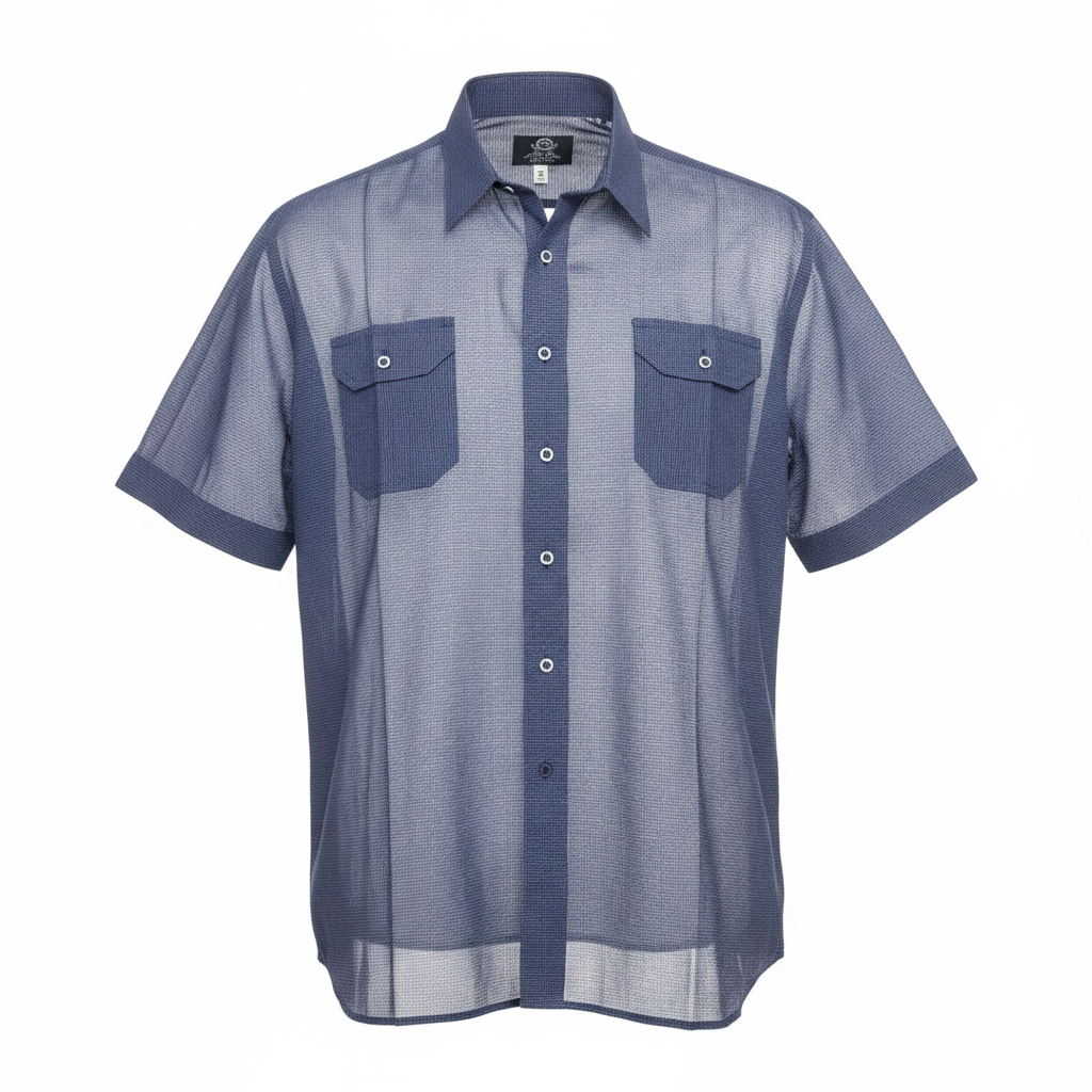 Navy Blue Micro-Check Short-Sleeved Shirt - Ghost Mannequin
