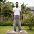 Nigerian male model full body wearing men's vintage washed glitter distressed wide-leg baggy denim jeans