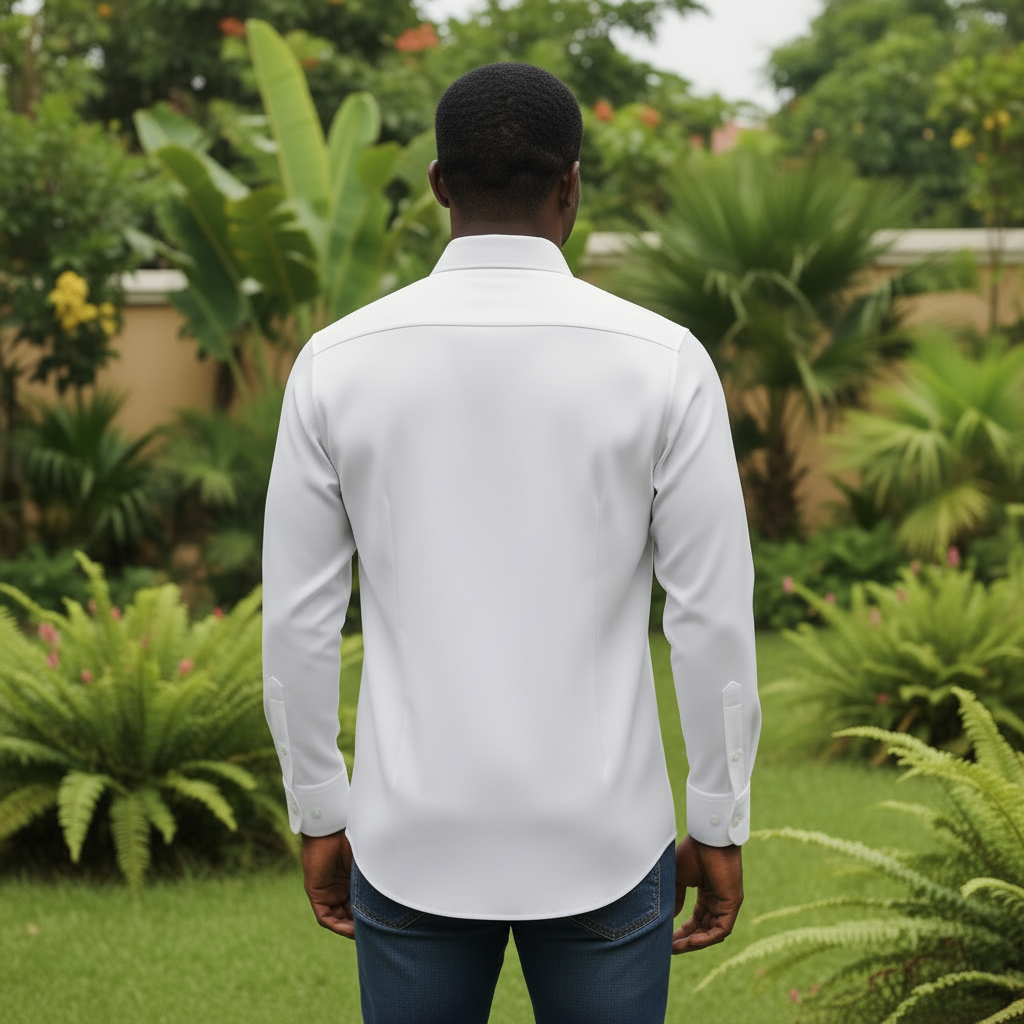 Nigerian model wearing White Classic Collar Dress Shirt – Back View