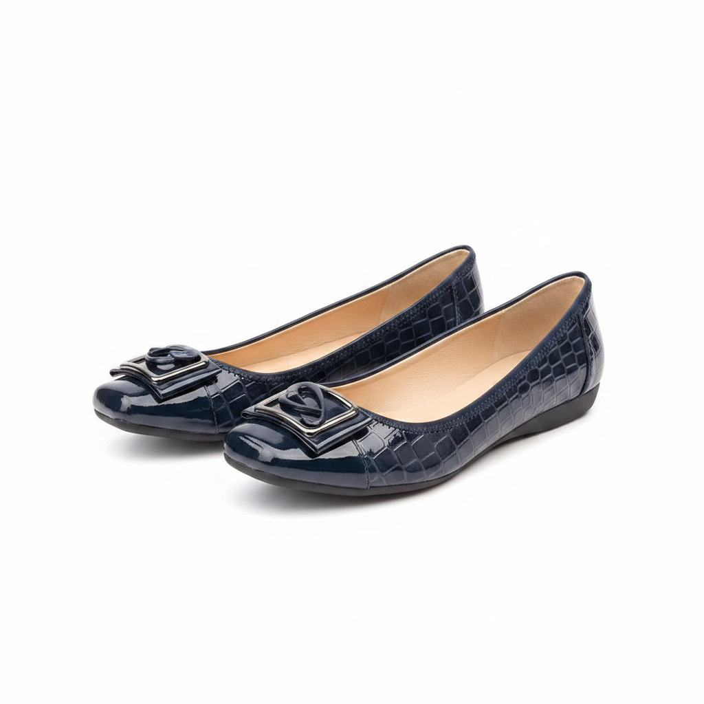 Women's navy blue croc-embossed flat pumps – ghost mannequin pair view