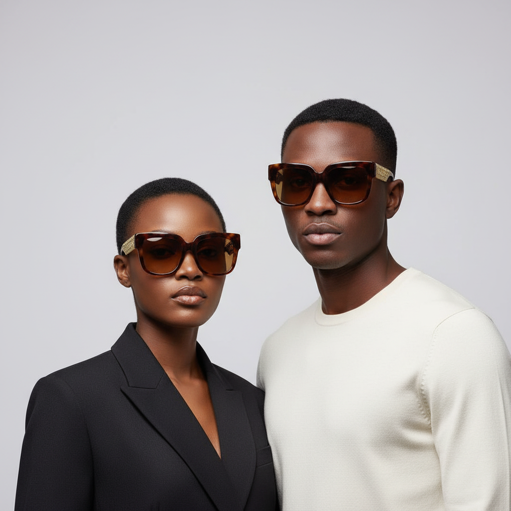 Nigerian female and male models wearing tortoiseshell gold lattice square sunglasses – editorial medium shot professional grey background