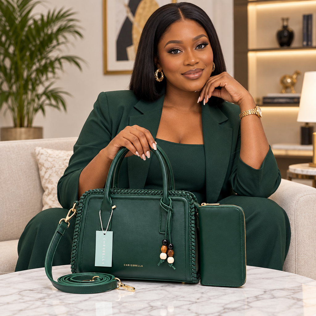 Black Nigerian woman with forest green handbag and matching purse