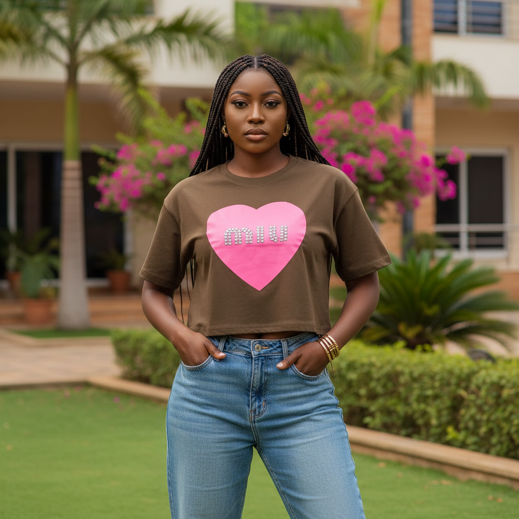 Women's olive brown rhinestone heart graphic crop top - female model shot
