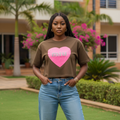 Women's olive brown rhinestone heart graphic crop top - female model shot