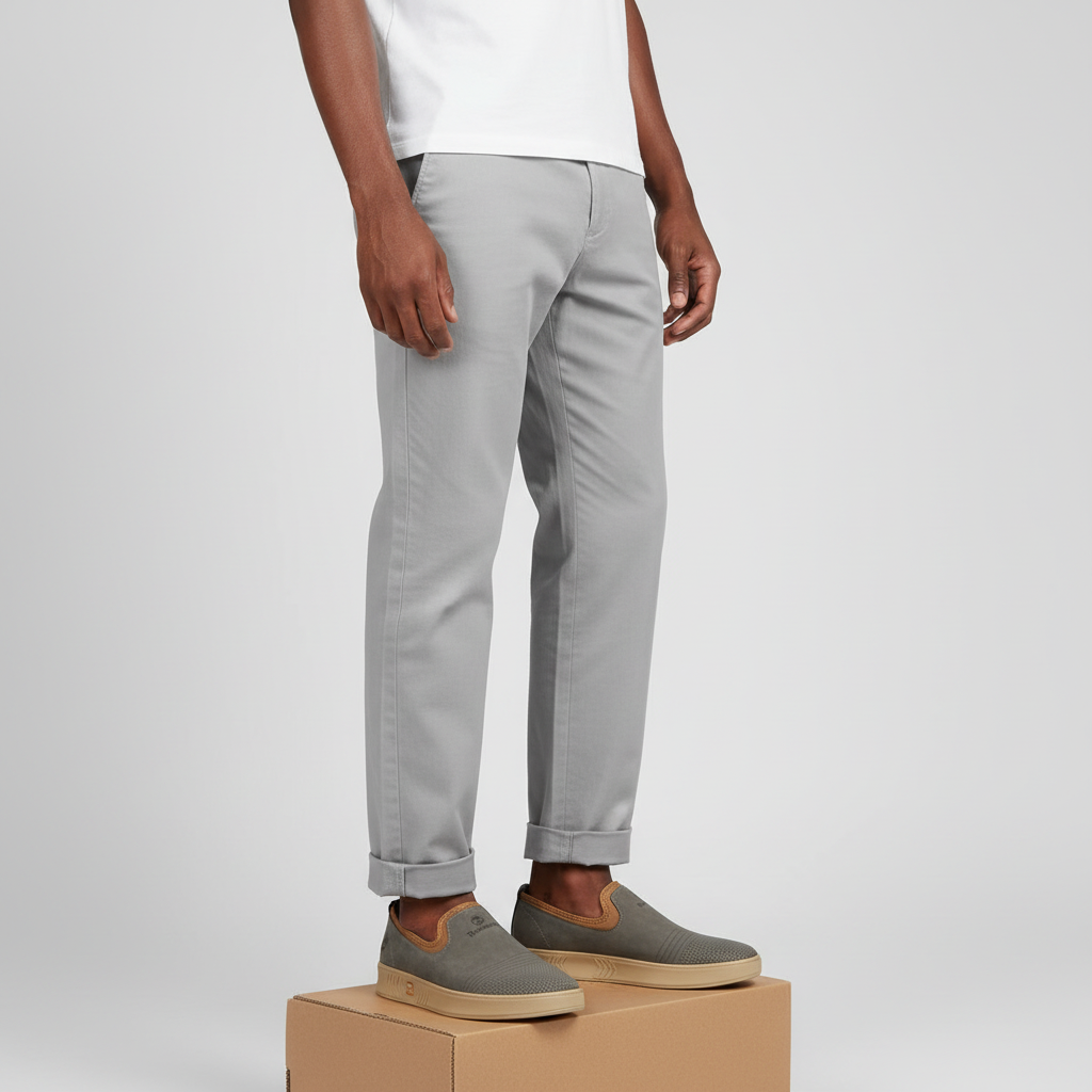 Nigerian male model wearing men's slip-on sneakers, both feet visible
