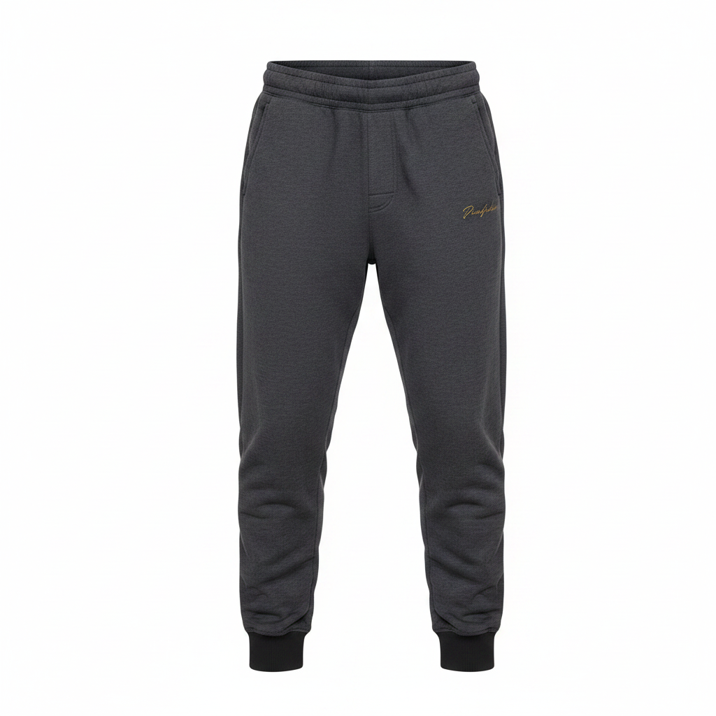 Grey sweatpants on ghost mannequin, white background