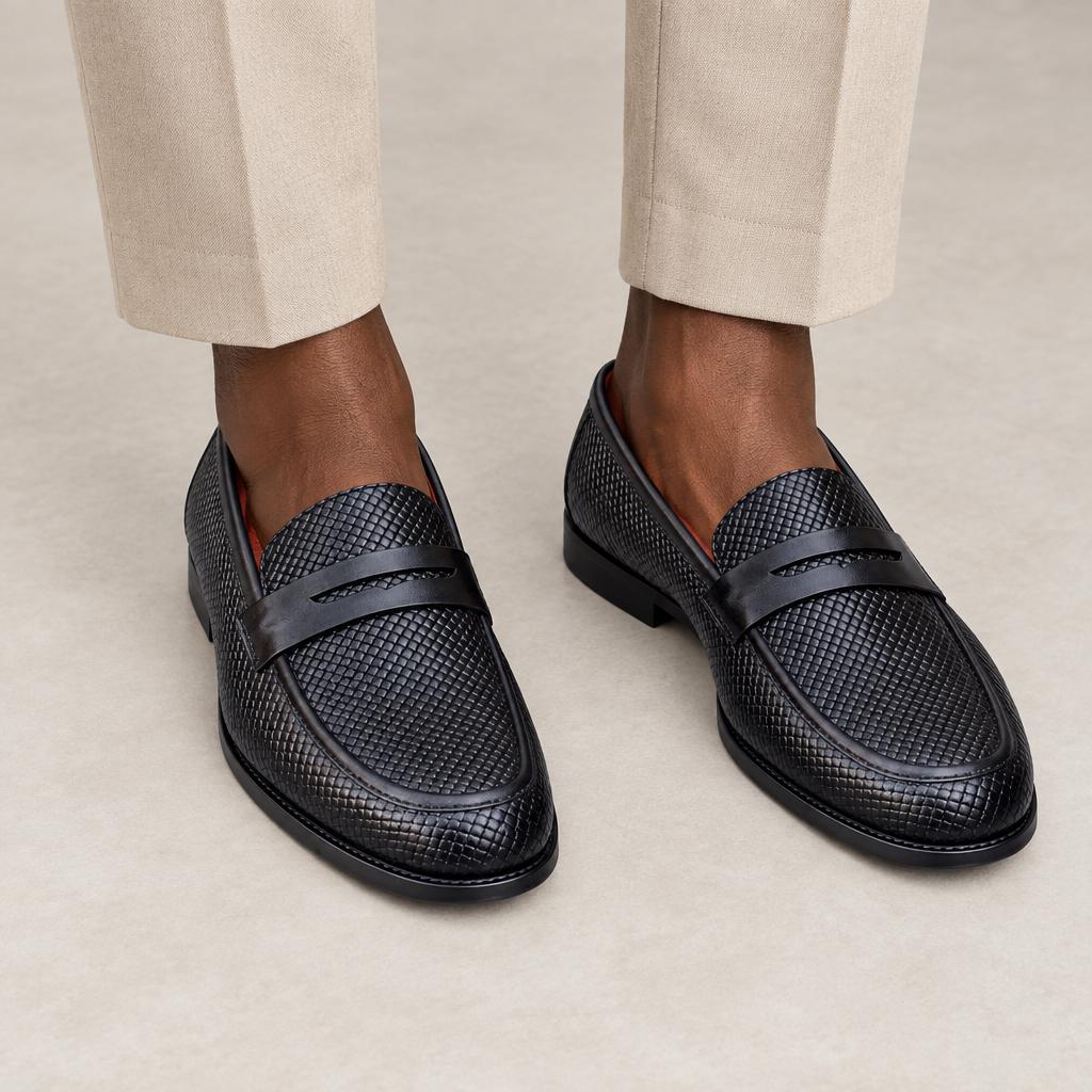 Black textured penny loafers on a man's feet