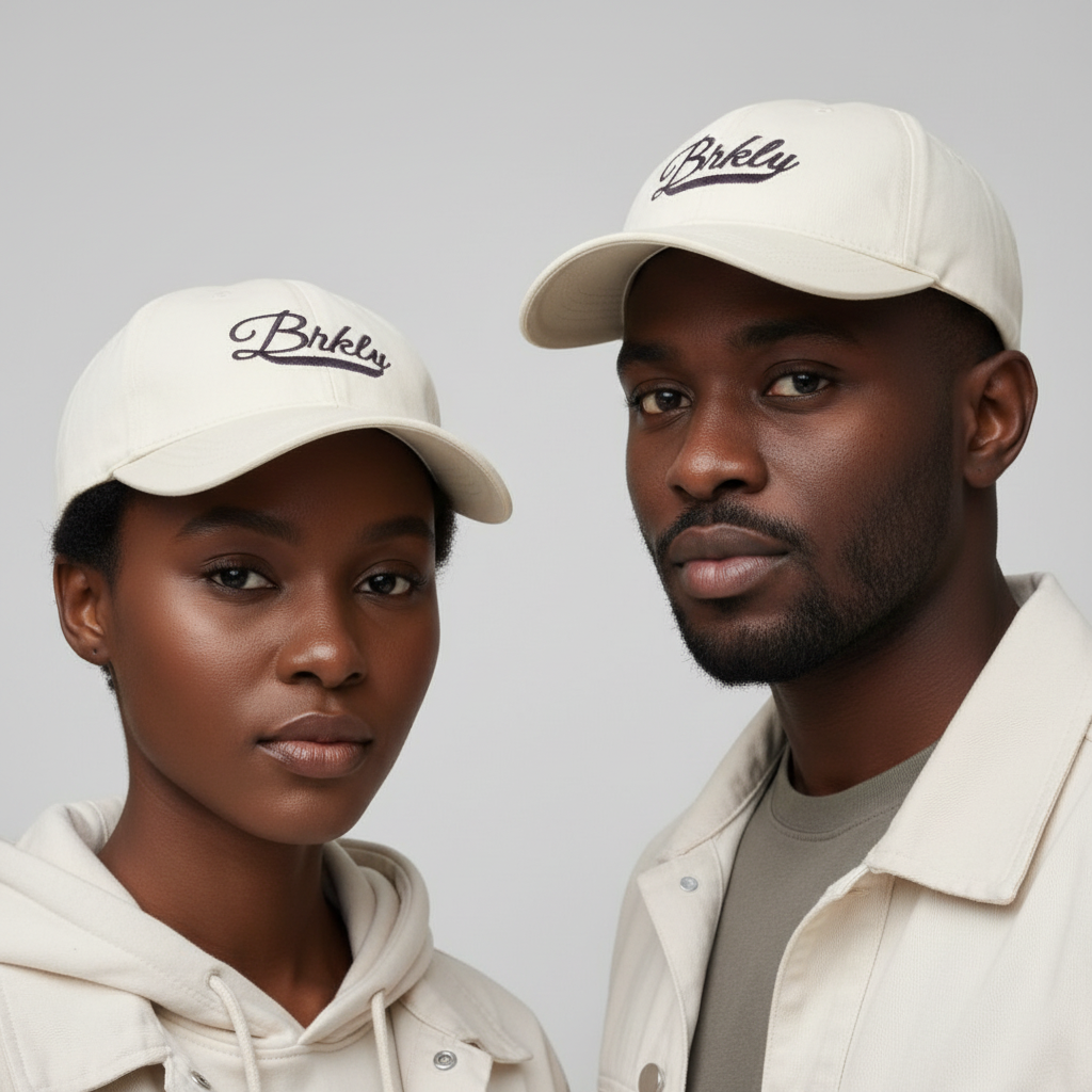 Nigerian female and male models wearing off-white vintage script embroidered baseball cap