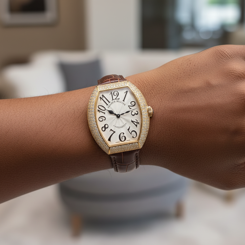 Women's gold diamond bezel tonneau watch worn on Nigerian model wrist — brown strap lifestyle shot