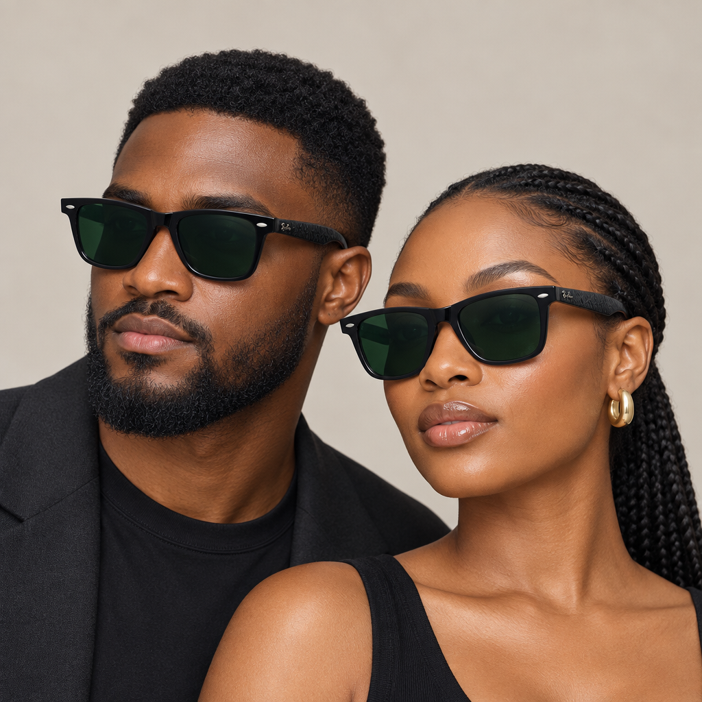AI-generated adults wearing black square sunglasses