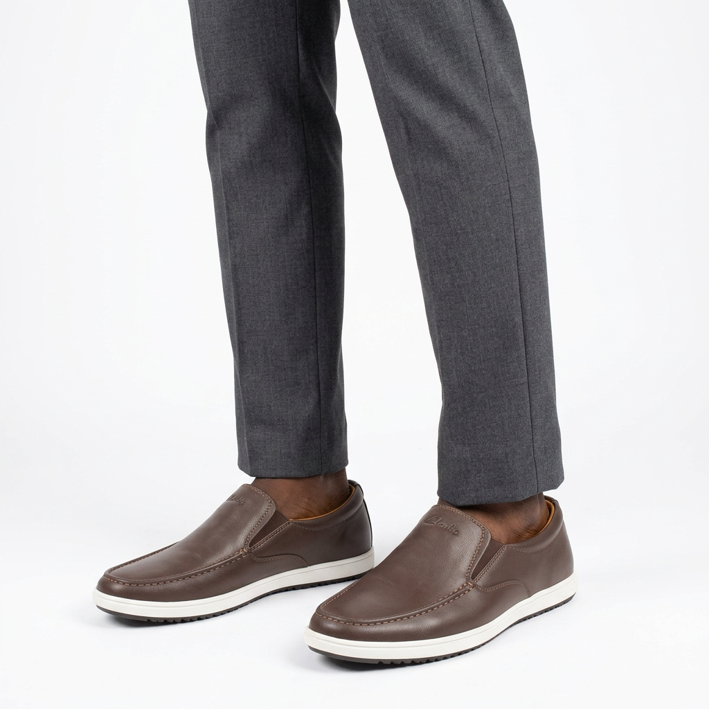 Brown white-sole slip-on shoes worn with charcoal trousers