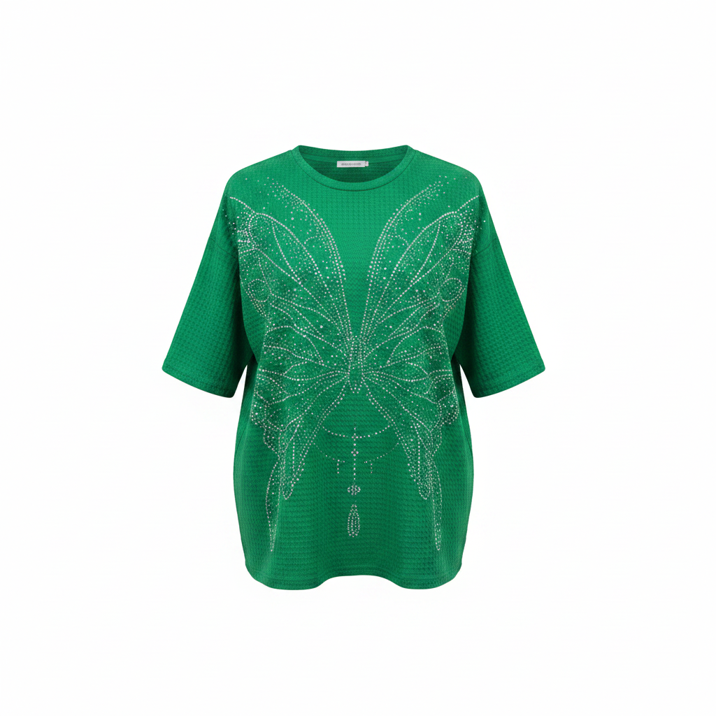 Ghost mannequin front view - green rhinestone butterfly graphic top
