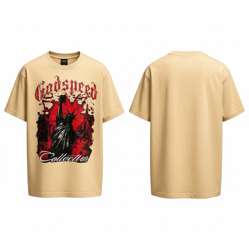 Men's cream short-sleeve graphic tee ghost mannequin front and back view
