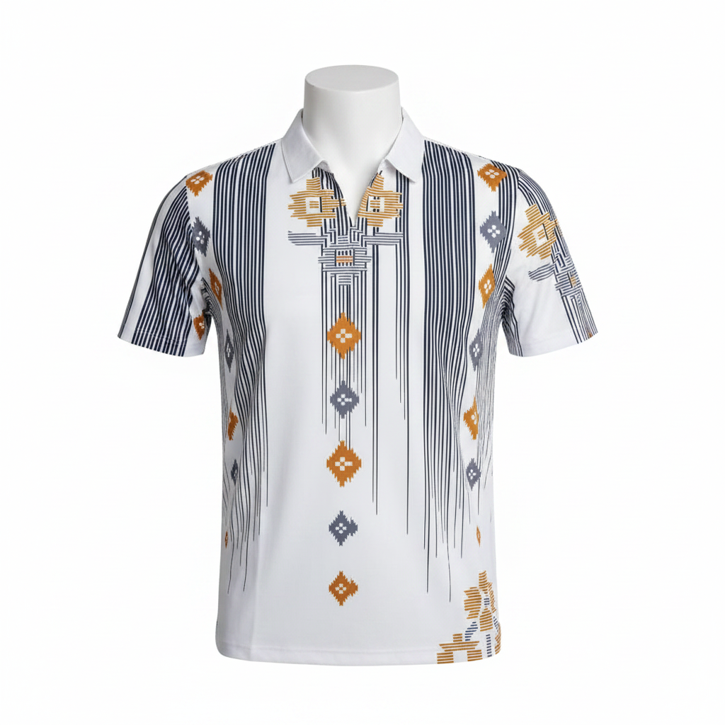 White Tribal Geometric Print Polo Shirt - Ghost Mannequin