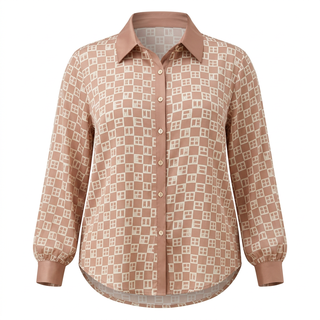 Blush and cream geometric blouse with contrast collar shown on an invisible mannequin on white