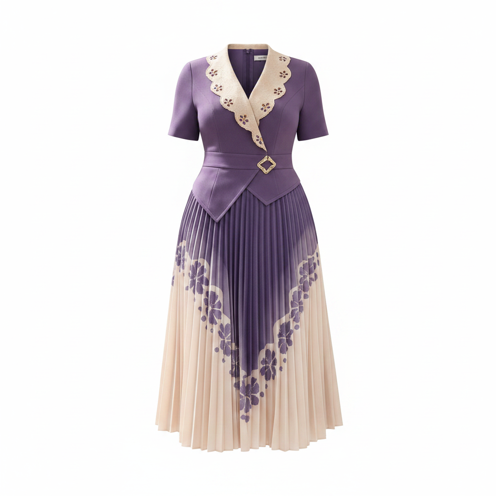 Women's Purple & Cream Floral Pleated Midi Skirt Suit Set - Ghost Mannequin Front View