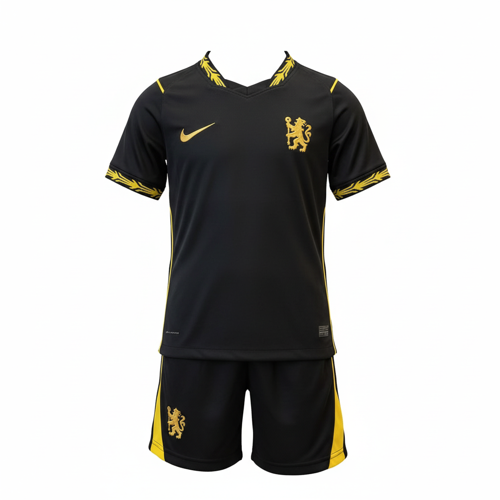 Kids' black & gold football jersey set – ghost mannequin front view on white background