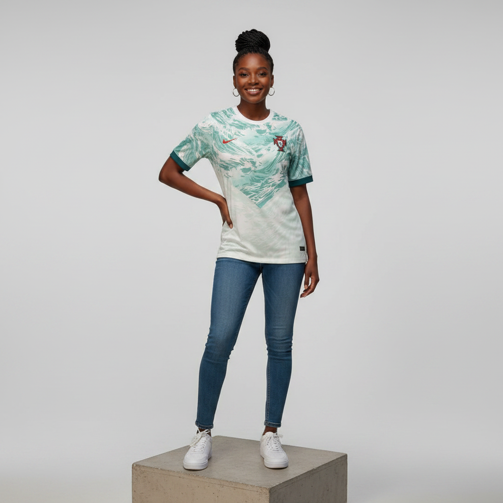 Nigerian female model wearing white teal wave graphic football jersey on concrete plinth