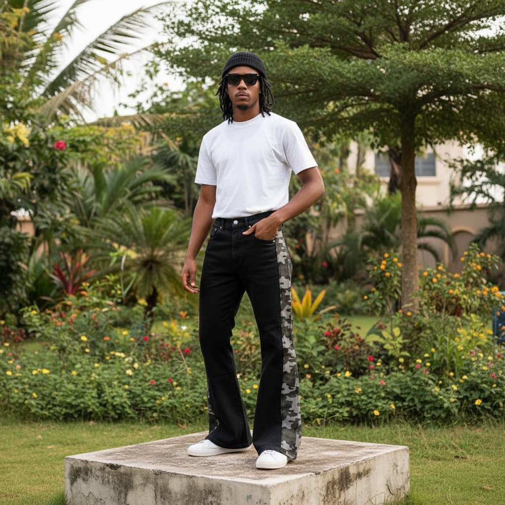 Nigerian male model full body wearing men's black flared denim jeans with grey camo side panels