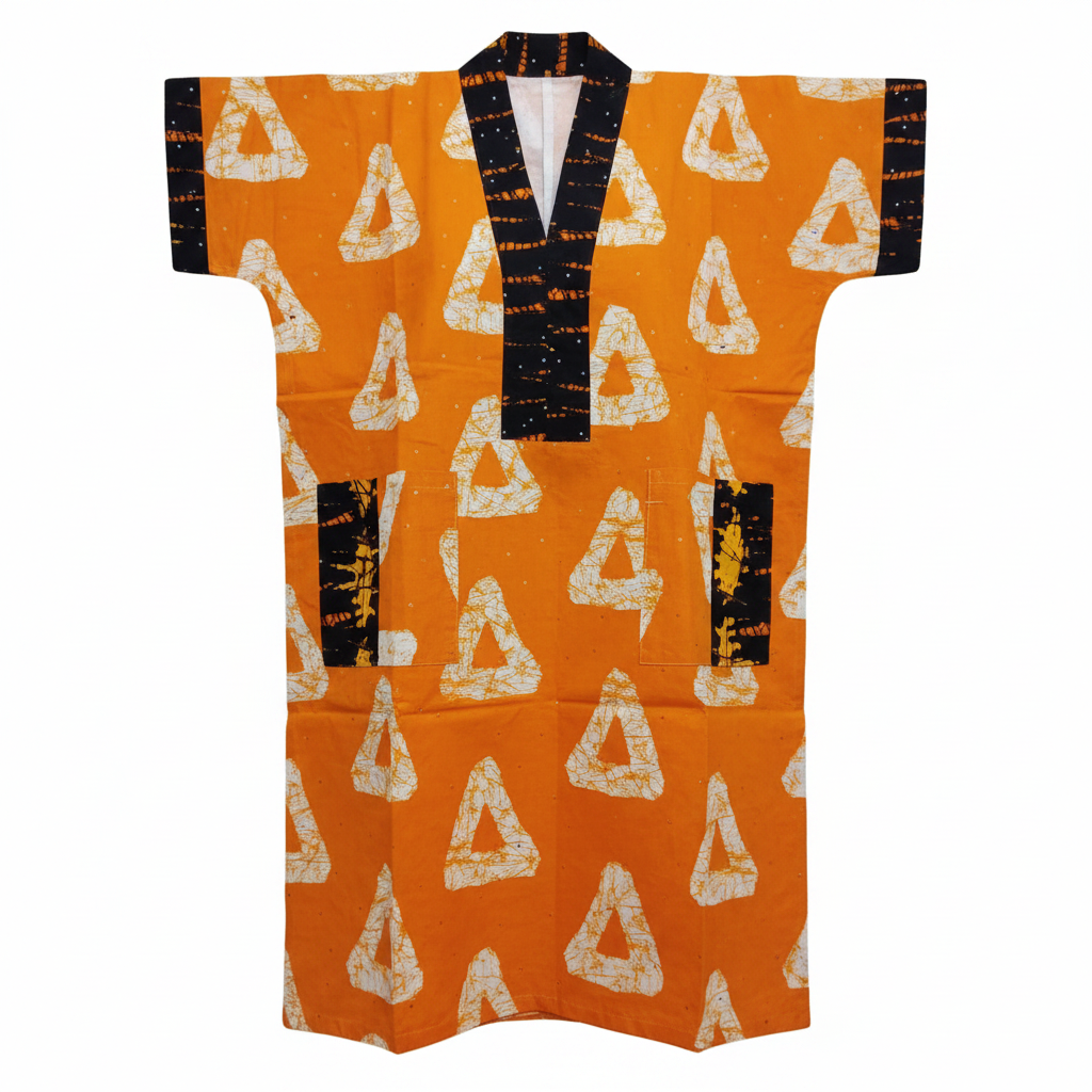 Ghost mannequin of orange batik gown with white triangle print and black adire V-neck collar and patch pockets