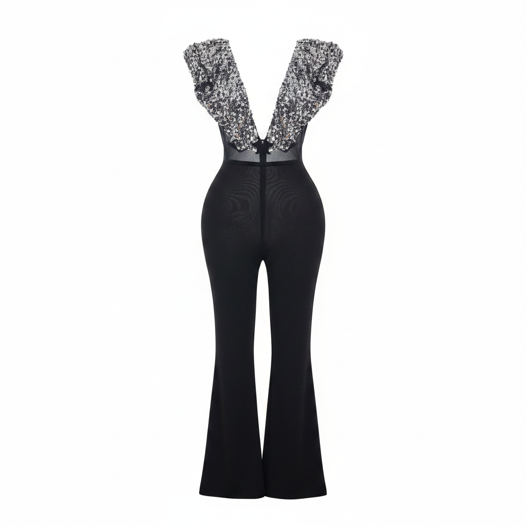 Black Silver Sequin Ruffle Deep V Jumpsuit - Ghost Mannequin