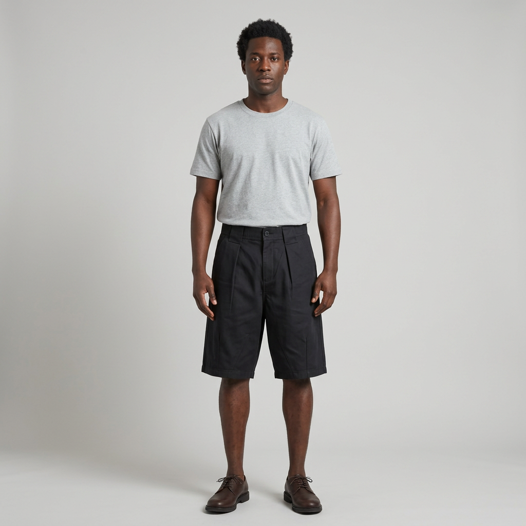 Full-body male model wearing black pleated patch-pocket shorts