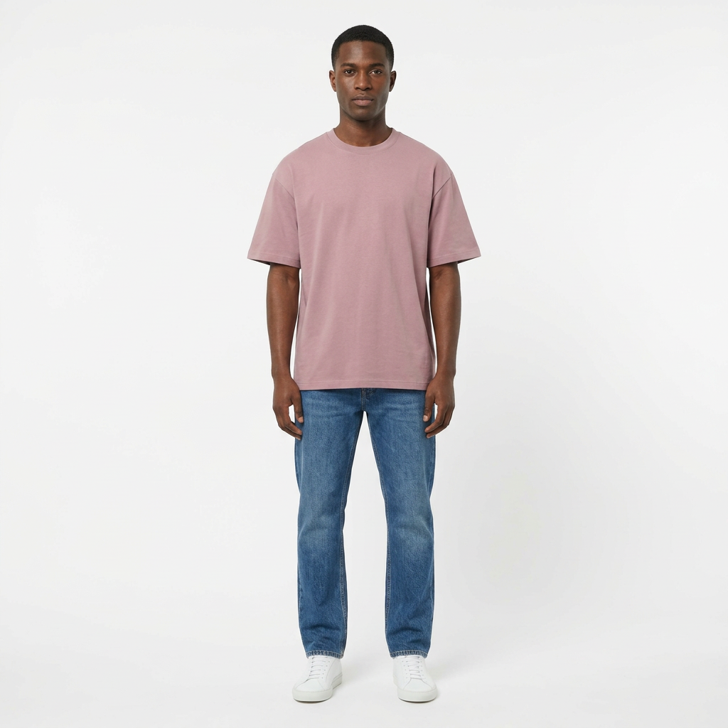 Full-body Black adult model wearing a plain dusty-pink T-shirt