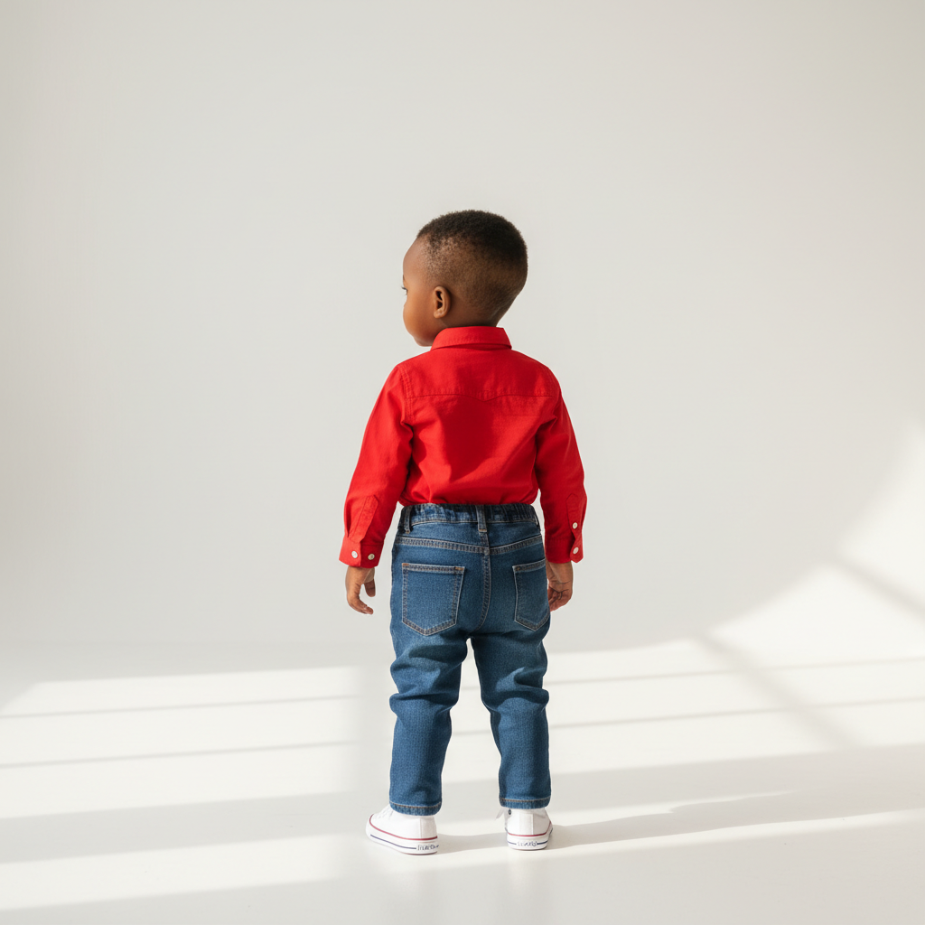 Nigerian toddler boy wearing red tropical print shirt - back view