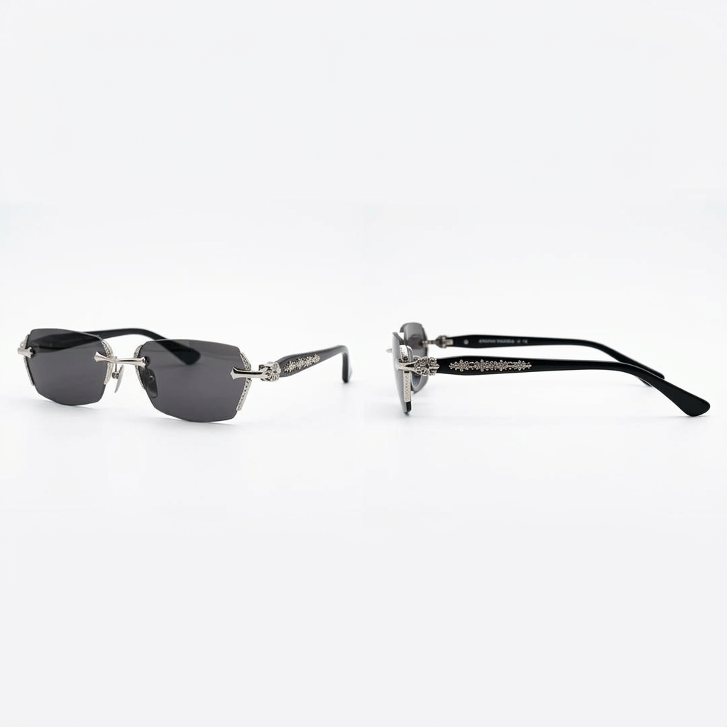 Dark-lens rimless rectangular glasses with ornate silver-tone fittings, front and side views