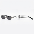 Dark-lens rimless rectangular glasses with ornate silver-tone fittings, front and side views