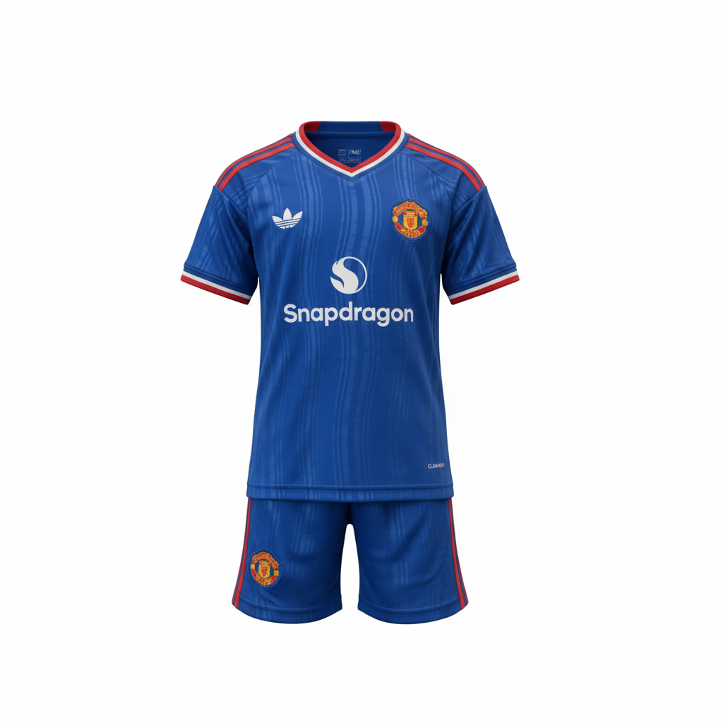 Kids' royal blue & red football jersey set – ghost mannequin front view on white background